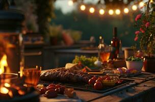ai gerado churrasco às a festa, ao ar livre em a grade, noite iluminação, jantar às casa foto