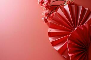 ai gerado chinês Novo ano, decoração do papel flor ventilador com tradicional flora dentro Rosa fundo foto