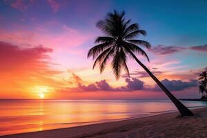 ai gerado lindo natureza tropical de praia e mar com coco Palma árvore às pôr do sol Tempo para viagem e período de férias foto