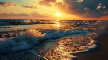 ai gerado lindo pôr do sol em a de praia. mar ondas e salpicos. foto