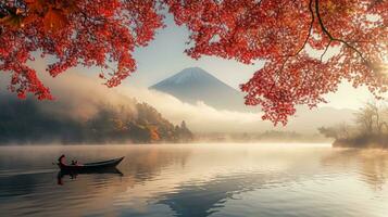 ai gerado Fuji montanha e lago kawaguchiko dentro outono temporada, Japão foto