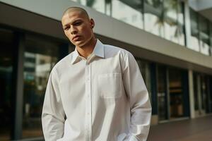 ai gerado retrato do uma bonito homem dentro branco camisa foto