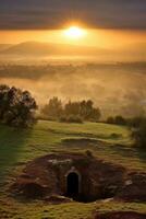 ai gerado nascer do sol sobre uma megalítico túmulo foto