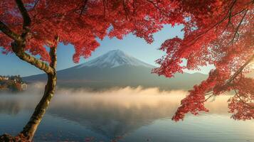 ai gerado Fuji montanha e lago kawaguchiko dentro outono temporada, Japão foto