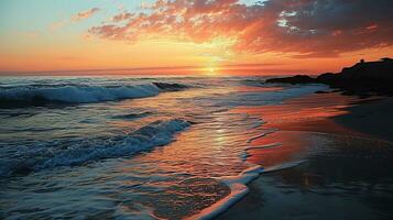 ai gerado lindo pôr do sol em a de praia. mar ondas e salpicos. foto