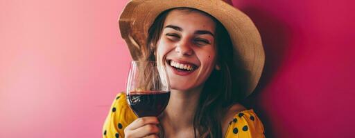 ai gerado feliz menina a comemorar com vermelho vinho em Rosa fundo foto
