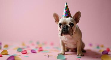 ai gerado feliz francês buldogue com aniversário chapéu em Rosa fundo foto