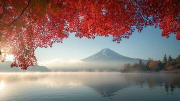 ai gerado Fuji montanha e lago kawaguchiko dentro outono temporada, Japão foto