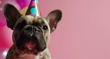 ai gerado feliz francês buldogue com aniversário chapéu em Rosa fundo foto