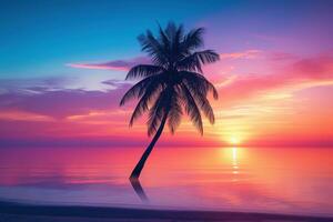 ai gerado lindo natureza tropical de praia e mar com coco Palma árvore às pôr do sol Tempo para viagem e período de férias foto