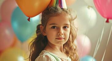 ai gerado pequeno menina a comemorar dela aniversário com balões foto