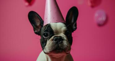 ai gerado pequeno francês buldogue festa chapéu isolado em Rosa foto