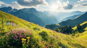 ai gerado colorida Prado com flores silvestres e montanhas dentro a fundo foto