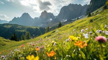 ai gerado colorida Prado com flores silvestres e montanhas dentro a fundo foto