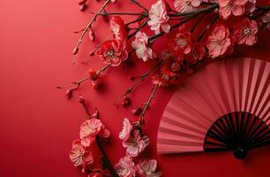 ai gerado vermelho fundo decorado às a chinês Novo ano com uma Rosa ventilador e flores foto