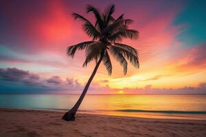 ai gerado lindo natureza tropical de praia e mar com coco Palma árvore às pôr do sol Tempo para viagem e período de férias foto