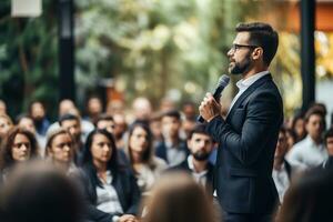 ai gerado alto falante dando uma conversa às o negócio conferência. público às a conferência corredor. o negócio e empreendedorismo. foto