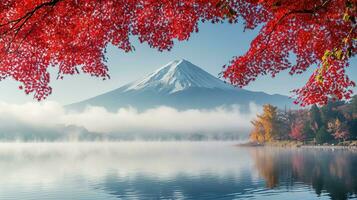 ai gerado Fuji montanha e lago kawaguchiko dentro outono temporada, Japão foto