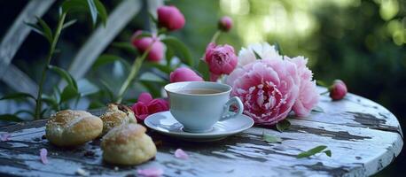 ai gerado Rosa peônias, copo do chá e pães em a lado de fora mesa foto