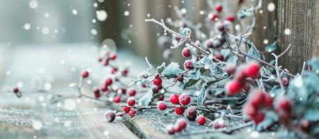 ai gerado enfeites e azevinho galhos em uma de madeira cerca com neve e gelo foto
