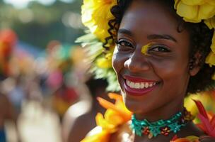 ai gerado retrato do lindo mulher sorridente às Câmera em carnaval dia samba evento foto