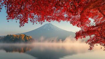 ai gerado Fuji montanha e lago kawaguchiko dentro outono temporada, Japão foto