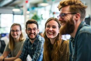 ai gerado grupo do o negócio pessoas tendo uma encontro às criativo escritório foto