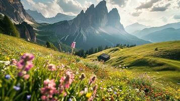 ai gerado colorida Prado com flores silvestres e montanhas dentro a fundo foto