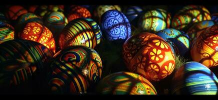 ai gerado colorida pintado Páscoa ovos estão mostrando dentro agrupamentos foto