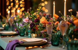 ai gerado colorida Casamento mesa configurações com velas foto