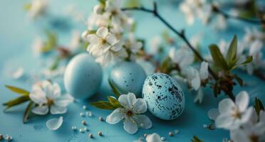ai gerado pastel azul Páscoa ovos e flores em a fundo foto