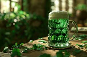 ai gerado st patrick's dia, verde Cerveja em a mesa foto