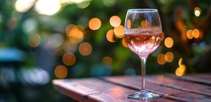 ai gerado vinho vidro do Rosa vinho em uma mesa dentro a verão jardim foto