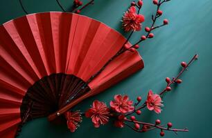 ai gerado chinês vermelho papel ventilador com flor decoração contra azul fundo foto