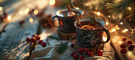 ai gerado Natal ponderado vinho com Natal folhagem em uma de madeira mesa e Natal pano foto