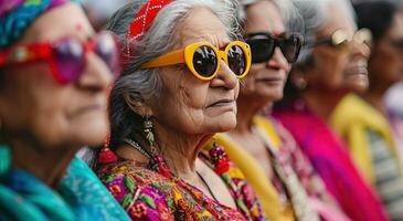 ai gerado de várias Mais velho mulheres vestindo colorida oculos de sol e oculos de sol foto