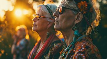 ai gerado esses mulheres estão vestido dentro brilhante roupas e estão olhando dentro a direção do a Sol foto