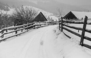 panorama do a Vila dentro a inverno montanhas coberto com neve. inverno panorama. a conceito do liberdade e solidão. foto