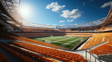 ai gerado Alto ângulo estabelecendo tomada. estádio com futebol campeonato corresponder. equipes jogar, multidões do fãs alegrar. futebol copo torneio. esporte canal conceito, tela contente. Largo tomada. ai foto