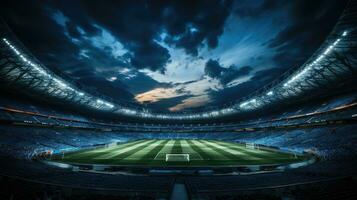 ai gerado Alto ângulo estabelecendo tomada. estádio com futebol campeonato corresponder. equipes jogar, multidões do fãs alegrar. futebol copo torneio. esporte canal conceito, tela contente. Largo tomada. ai foto