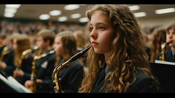 ai gerado jovem fêmea músico jogando saxofone dentro escola banda foto