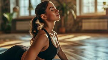 ai gerado uma mulher exercício pacificamente dentro uma sala, concentrando em dela corpo e mente. generativo ai foto