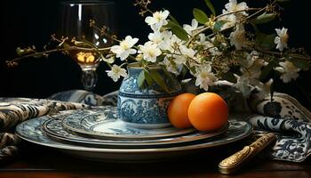 ai gerado elegante vaso detém fresco flores em rústico mesa gerado de ai foto