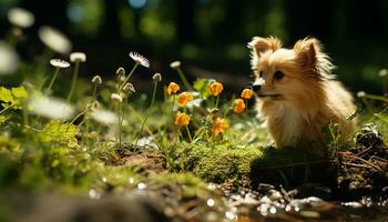 ai gerado fofa pequeno cachorro dentro natureza, uma puro cachorro dentro verão gerado de ai foto