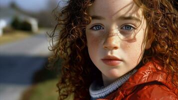 ai gerado uma pequeno menina quem tem vermelho encaracolado cabelo é em pé fora. generativo ai foto