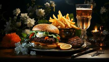 ai gerado grelhado gourmet hamburguer em de madeira mesa com fresco salada gerado de ai foto