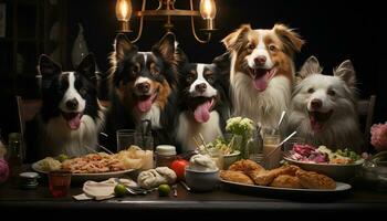 ai gerado fofa cachorro sentado às mesa, desfrutando uma delicioso refeição dentro de casa gerado de ai foto