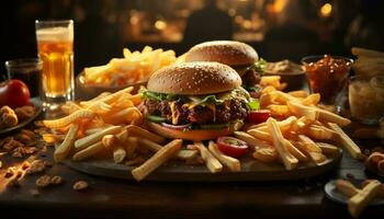 ai gerado grelhado hambúrguer, fritas, e Cola perfeito bar Comida refeição gerado de ai foto