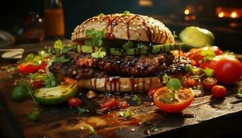 ai gerado grelhado carne, fresco vegetais, e Hamburguer de queijo em de madeira mesa gerado de ai foto