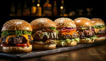 ai gerado grelhado carne hamburguer com queijo, cebola, e tomate em pão gerado de ai foto